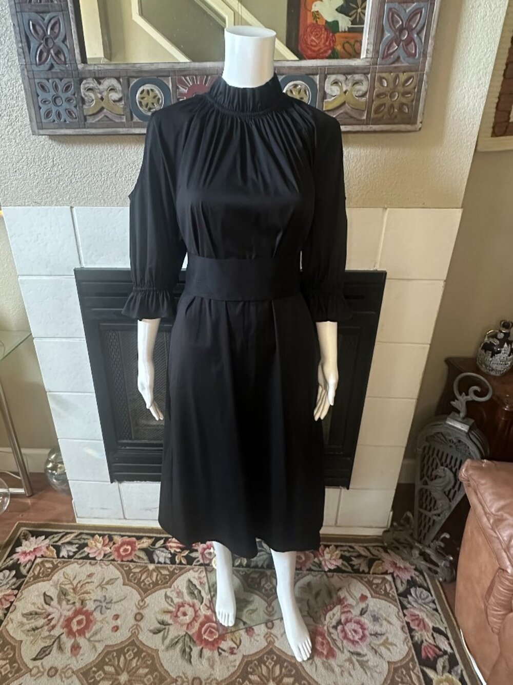 Chico’s Black Label Black Midi a-line high neck Dress Large 3/4 sleeve